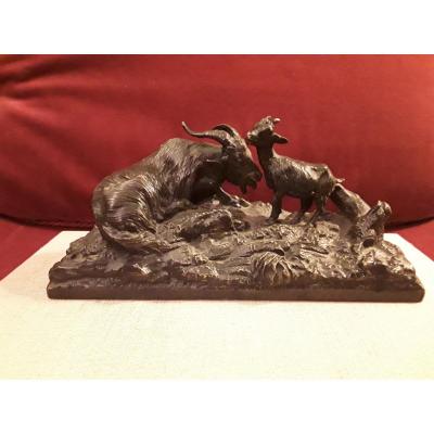 Barye Rarissime Group In Bronze Goat And Her Little Goat Work Of Youth