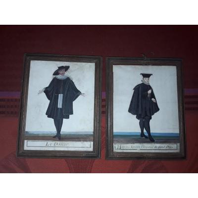 Pair Of Gouaches On Velin The Doctor, The Treasurer Of The Great Doge Of Venice 17th Century Era