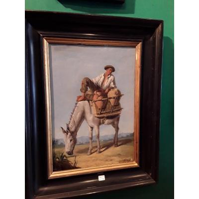 19th Century French School Young Peasant On His Mule Oil On Marouflée Paper