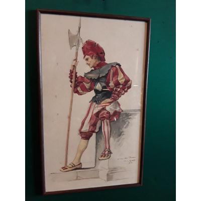 Émile Laporte Portrait d'Un Garde Suisse Aquarelle Signée, Datée Et Dédicacée