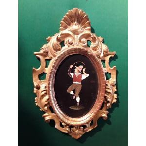 Marqueterie De Marbre Danseur Napolitain Travail Florentin Du 19e Siècle Cadre En Bois Doré