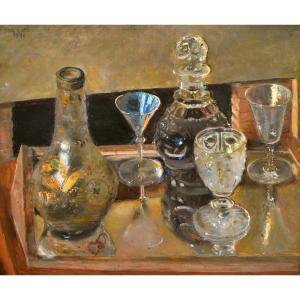 Gard Léon (1901-1979) "still Life With A Banyuls Carafe" Paris Verrerie Tulle France