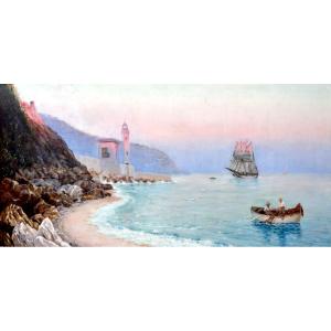 Blondeau Alfred-justin (1850-?) "the Entrance To The Port Of Nice At Sunset" Provence Var Sea