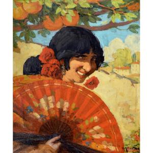 Azema Ernest (1871-1917) “andalusian Woman With Fan And Flower” Agde Montpellier Spain Paris