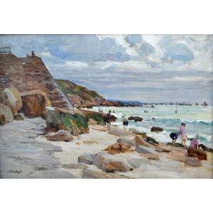 Montagne Louis (1879-1960) "lively Beach In Normandy" Tréport Brittany Paris Avignon Trouville