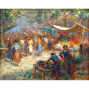 Victor Cuguen (1882-1969) "flower Market In Toulon" Provence Pontorson Florist Paris