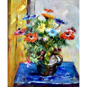 Agostini Max (1914-1997) "bouquet Of Flowers" Paris Allauch Aix Garden Corsica Anemones