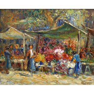 Victor Cuguen (1882-1969) "flower Market In Toulon" Provence Florist Var Paris