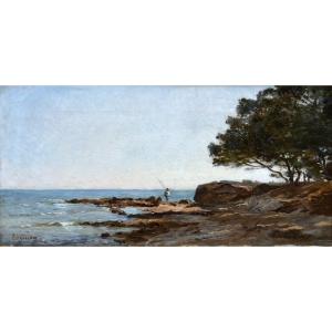 Viguier Fortuné (1841-1916) "fisherman On The Rocks At Carqueiranne" Provence French Marseille