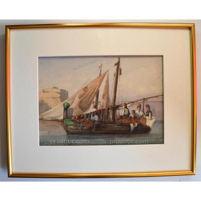 Roux Emile (1822-1915) "fishing Boats In Civita Vecchia" Italy Rome Lazio