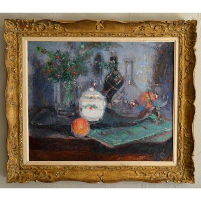 Gard Léon (1901-1979) "still Life With Withe Sugar Bowl, Ruscus And Glassware" Toulon Paris Provence Winter