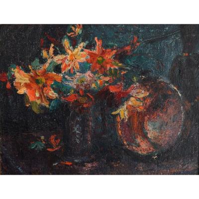 Gard Léon (1901-1979) "still Life With Flowers And An African Statue" Paris Toulon Provence