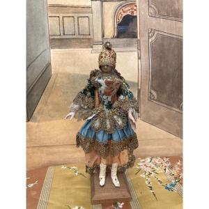 Amazing Wax-headed Figure Wearing Grand Siècle Stage Costume