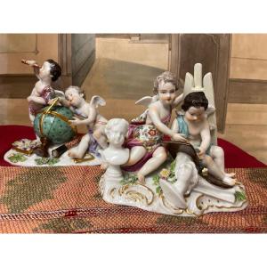 Pair Of Putti Porcelain Scenes "the Arts" And "the Sciences" Attributed To Samson
