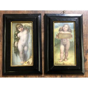 Pair Of Cherubs, Painting By The Italian Miniaturist C. Caruson