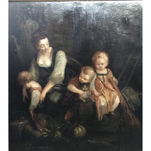 Family Scene - Oil On Canvas 18th Century.
