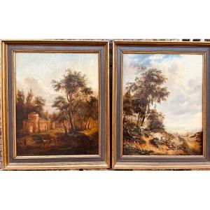 Paire D’huile Sur Panneau D’acajou :  Pastorale 