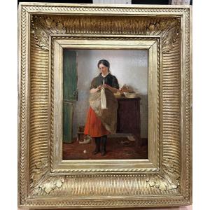 Oil On Panel 19th Century - Young Girl Sewing