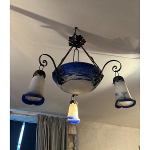 Art Deco Glass Paste Chandelier Signed Noverdy 