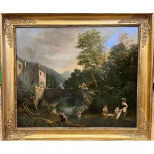 Oil On Panel English School - The Washerwomen