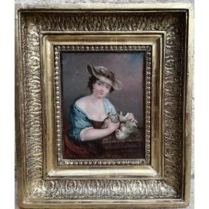 Oil On Canvas - Young Girl With Doves 19th Century