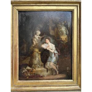 Young Girl Praying Before The Fountain Of Love - Oil On Panel Following Greuze 