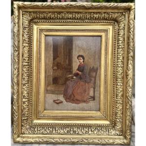 Oil On Panel - The Young Girl With A Needle 19th Century