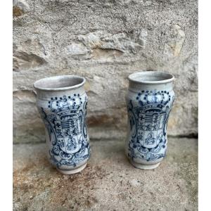 Pair Of Talavera Ceramic Albarellos, Spain, 18th Century