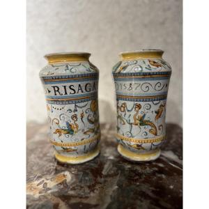 Pair Of Ceramic Albarellos Dated 1587 - Italy 