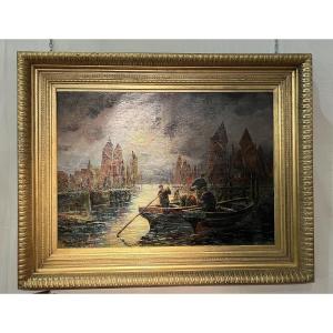 Fisherman By Moonlight, Oil On Canvas, Signed Weil