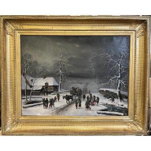 Oil On Canvas - Military Convoy In A Village, Signed Malbranche 