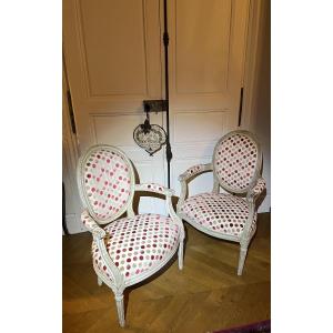 Pair Of Louis XVI Period Grey Lacquered Cabriolet Chairs 