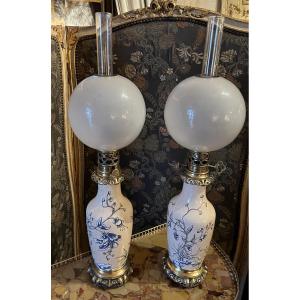 Pairs Of Ceramic Oil Lamps, Circa 1900