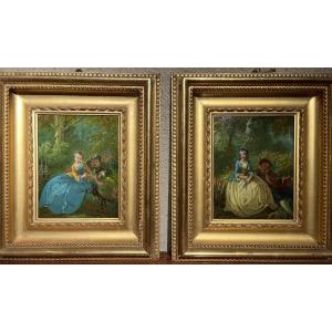 Gallant Scenes - Two Oils On Panel, 19th Century