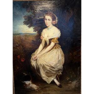 Oil On Canvas - Femme En Pied Au Pot à Eau Xlxe