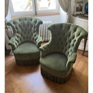 Pair Of Niii Period Green Velvet Armchairs