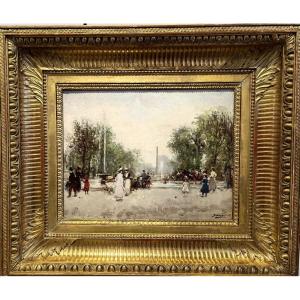 Animation Aux Champs élysées - Oil On Panel 19th Century
