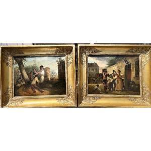 Pair Of 19th-century Oil Paintings On Canvas - A Scene Of War During The Empire 