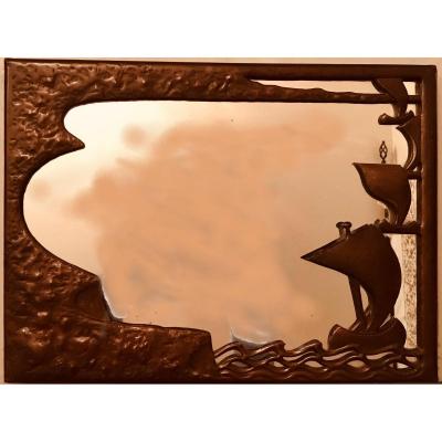 Repoussé Copper Mirror With Marine Decor - XXth