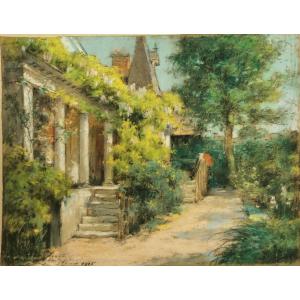 Minet Emile-louis (1841-1923) Wisteria On The Balustrade