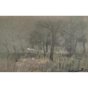 Desvallieres Georges (1861-1950) Fruit Trees Graphite And White Pastel On Blue Paper