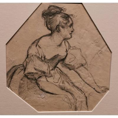 Hippolyte Poterlet (1803-1835) Drawing, Young Girl, At The Lead In Irregular Format