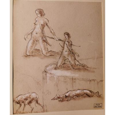 Study Of Diane The Huntress And Her Dogs Drawn By Ary Bitter (1883-1973)