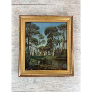 Oil On Canvas Landscape At The Pond