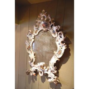 Large Porcelain Mirror Painted Decor With Flowers & Insects