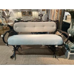 Sofa Made Of Deer Antlers And Upholstered In Old Linen