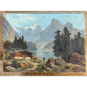 Oil On Canvas Mountain Landscape By A Lake