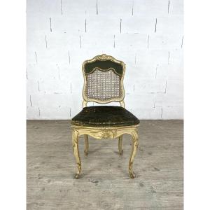 Louis XV Chair In Gilded Wood, Canework And Leather Seat – 18th Century