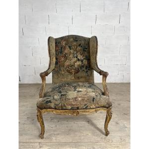 Regency Wingback Armchair In Giltwood, France, Early 18th Century