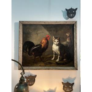 Farmyard Scene With Cat, Rooster, Hen And Mouse – French School, Early 19th Century